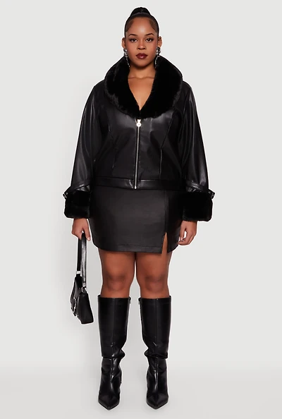 Womens Plus Faux Leather Jacket with Fur Trim, 2X