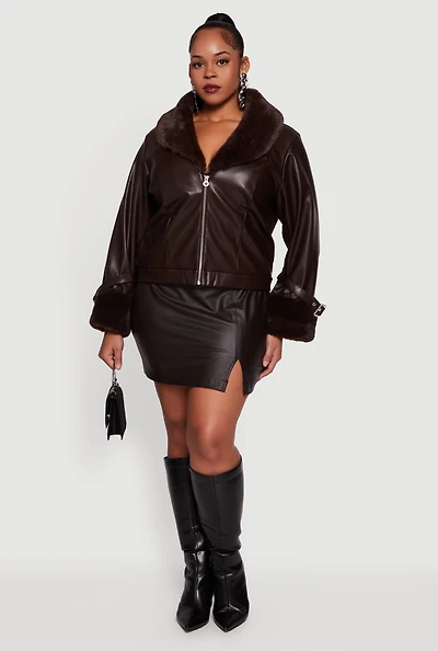 Plus Faux Leather Jacket with Fur Trim