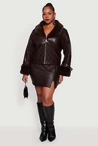 Plus Faux Leather Jacket with Fur Trim