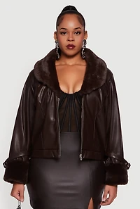 Plus Faux Leather Jacket with Fur Trim