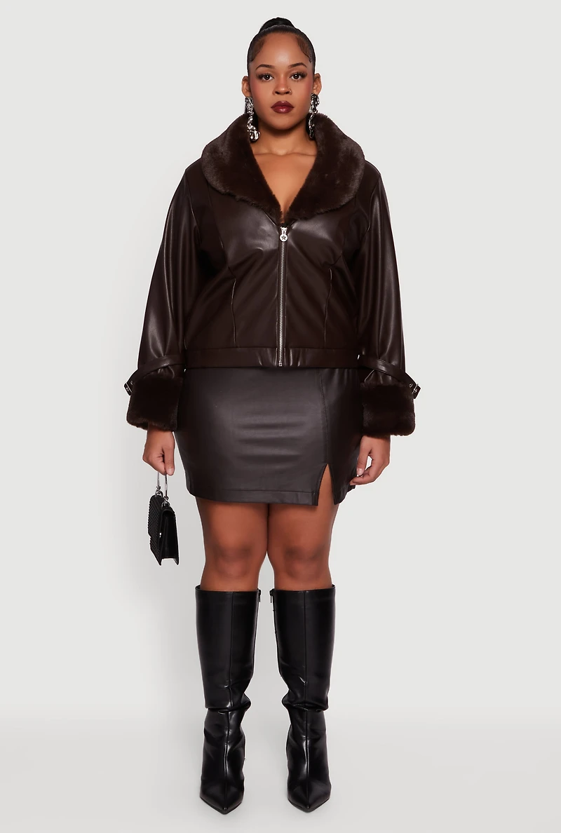 Plus Faux Leather Jacket with Fur Trim