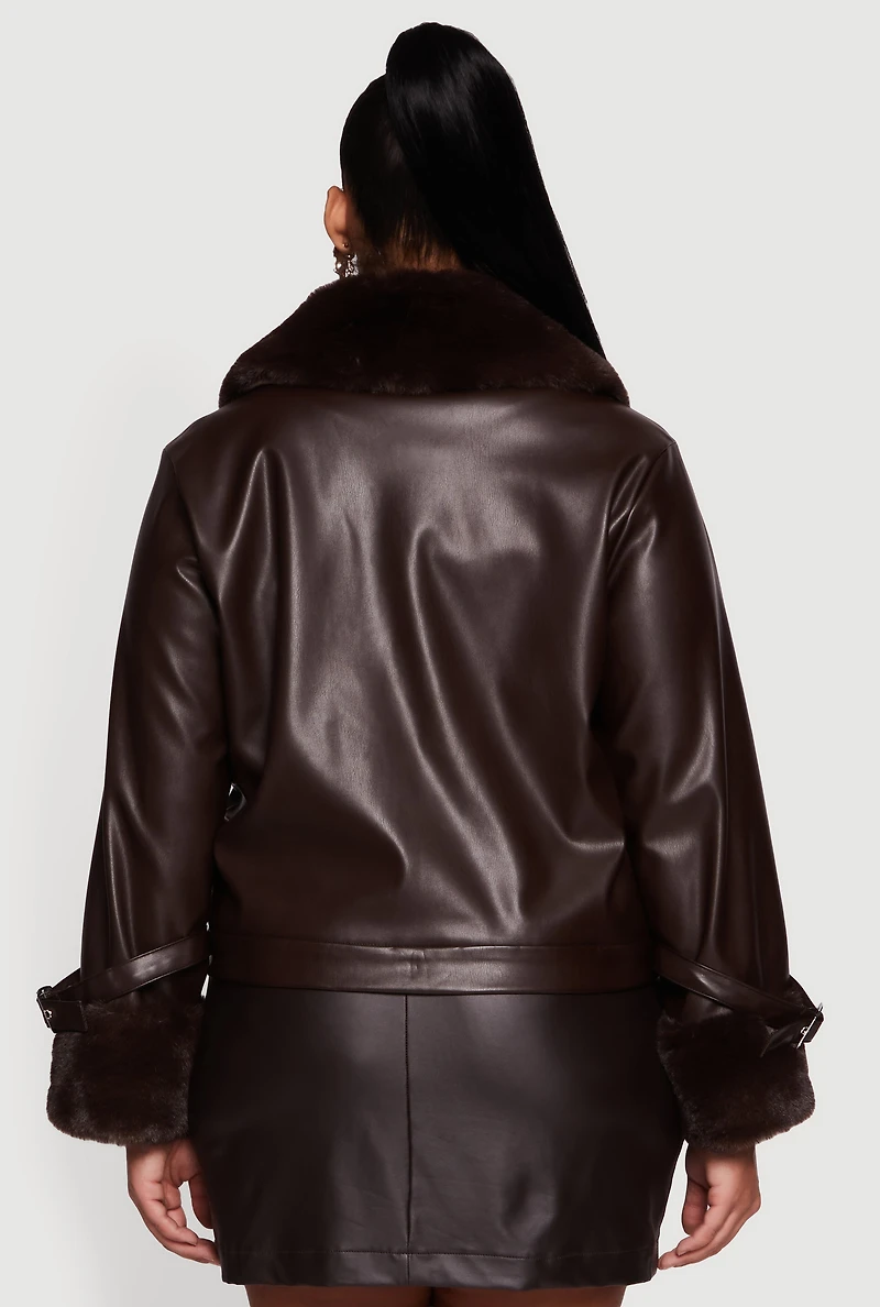 Plus Faux Leather Jacket with Fur Trim