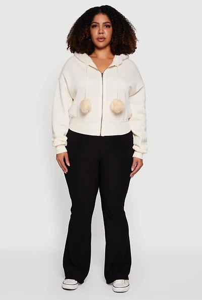 Womens Plus Size Pom Pom Drawstring Zip Front Hoodie, White, Size 3X