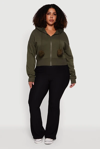 Plus Pom Drawstring Zip Front Hoodie