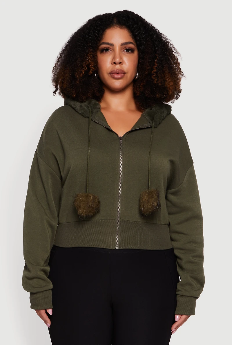 Plus Pom Drawstring Zip Front Hoodie