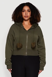 Plus Pom Drawstring Zip Front Hoodie