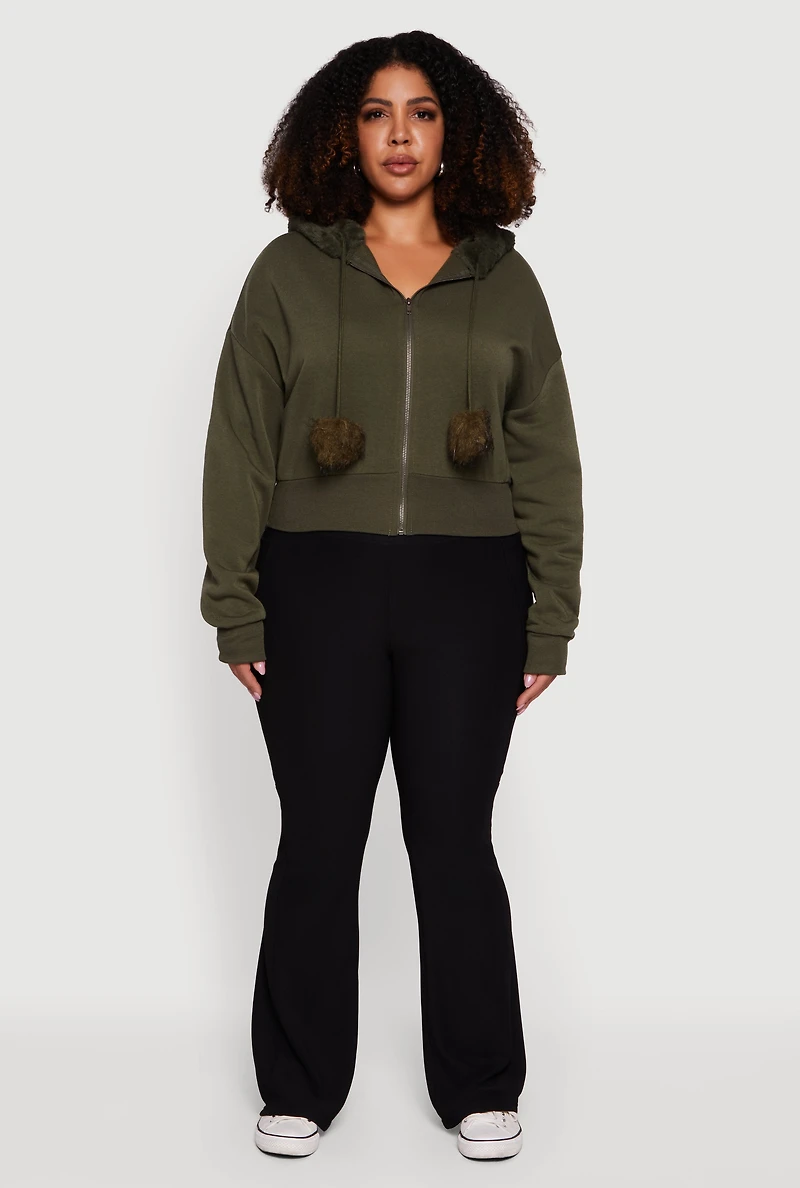 Plus Pom Drawstring Zip Front Hoodie