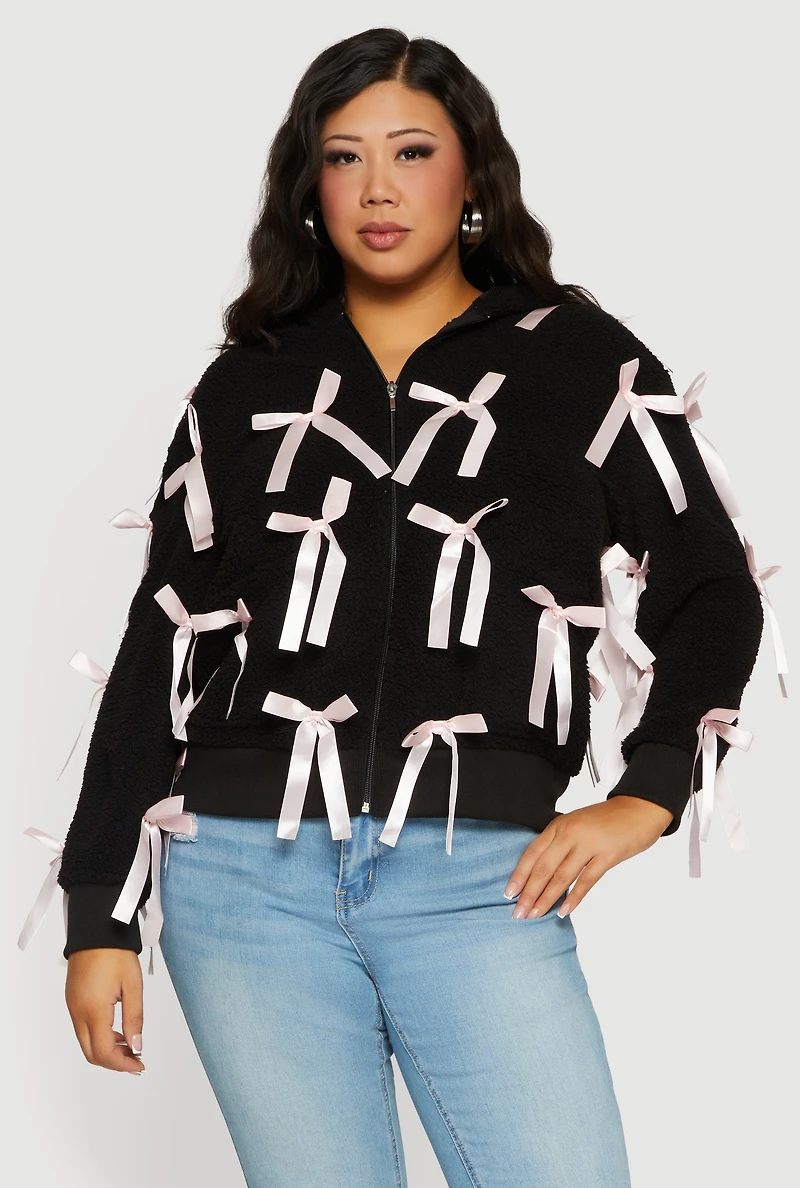 Plus Sherpa Hooded Zip Front Bow Jacket
