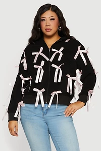 Plus Sherpa Hooded Zip Front Bow Jacket