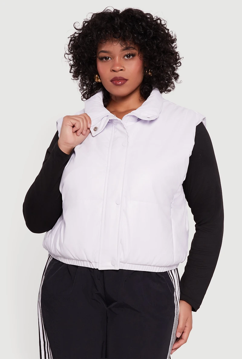 Plus Faux Leather Snap Button Zip Front Puffer Vest