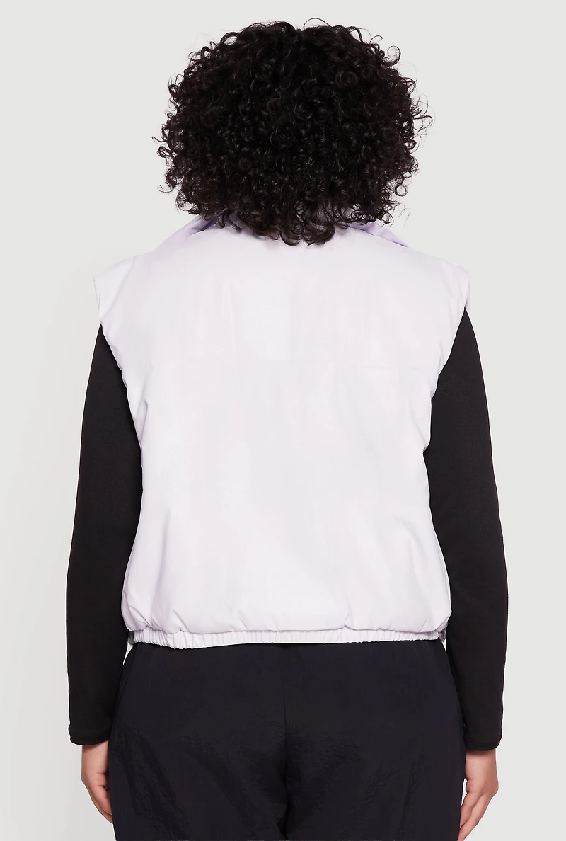 Plus Faux Leather Snap Button Zip Front Puffer Vest