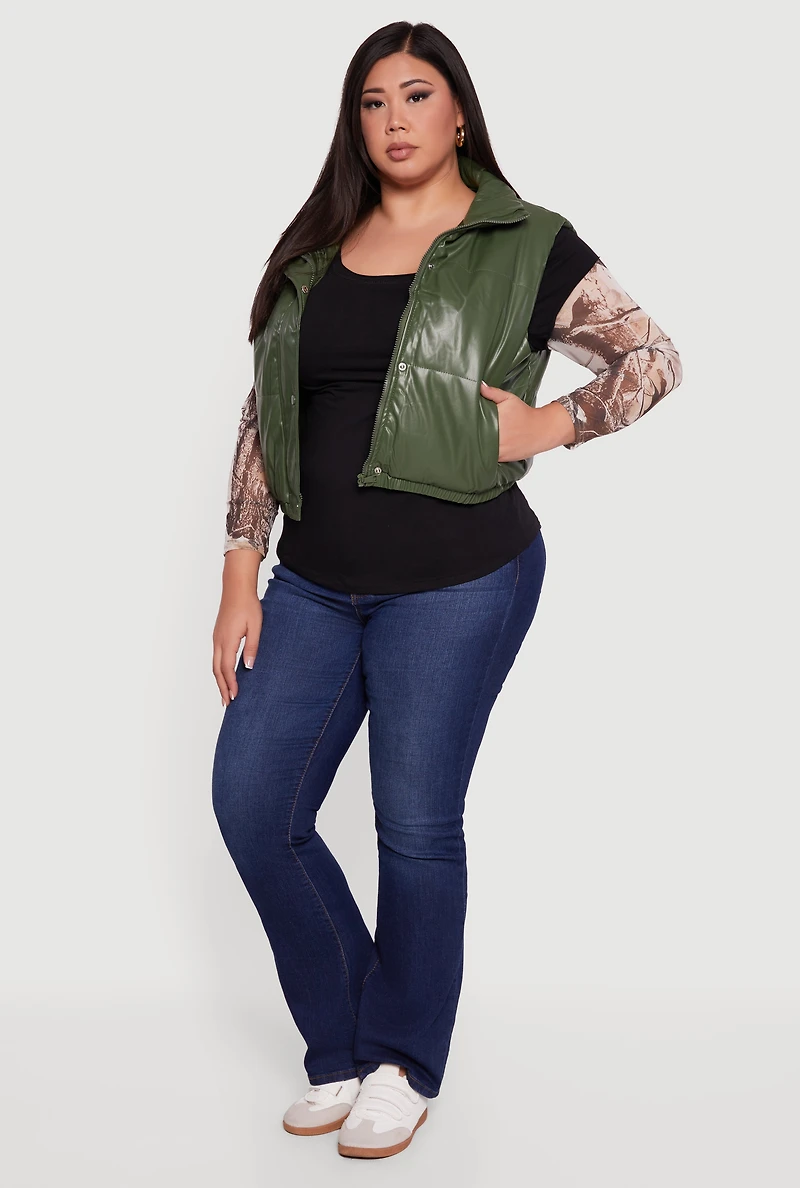 Womens Plus Size Faux Leather Snap Button Zip Front Puffer Vest, Green, Size 3X