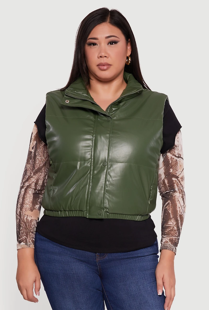 Womens Plus Size Faux Leather Snap Button Zip Front Puffer Vest, Green, Size 3X