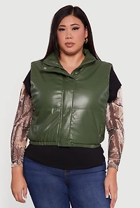Womens Plus Size Faux Leather Snap Button Zip Front Puffer Vest, Green, Size 3X