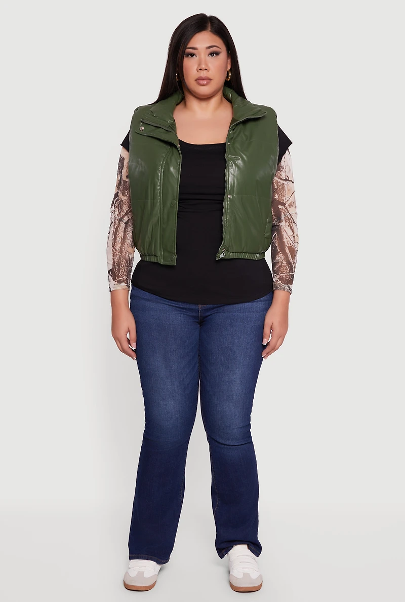 Womens Plus Size Faux Leather Snap Button Zip Front Puffer Vest, Green, Size 3X