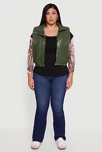 Womens Plus Size Faux Leather Snap Button Zip Front Puffer Vest, Green, Size 3X