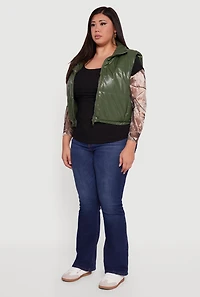 Womens Plus Faux Leather Snap Button Zip Front Puffer Vest, Green,