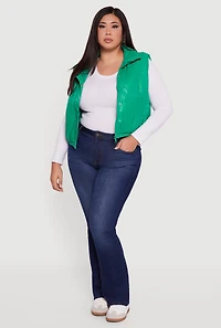 Womens Plus Faux Leather Snap Button Zip Front Puffer Vest, Green,