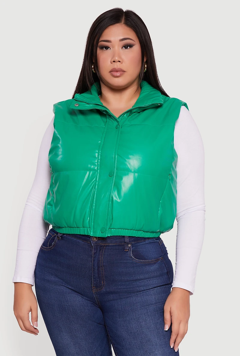 Womens Plus Faux Leather Snap Button Zip Front Puffer Vest, Green,