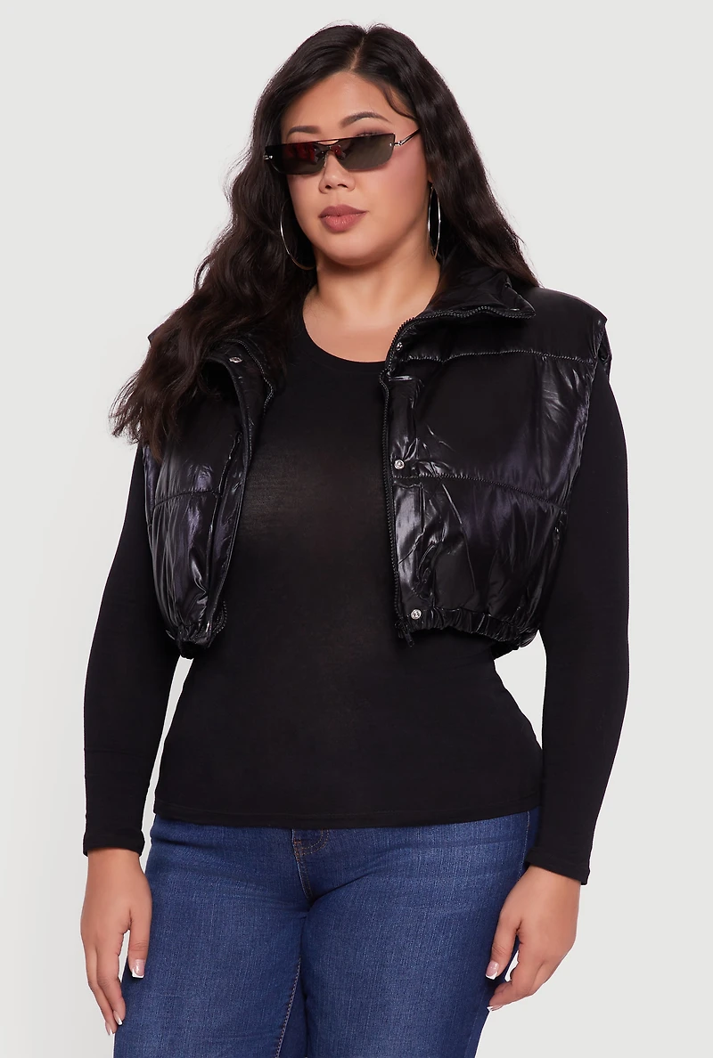 Womens Plus Metallic Cropped Puffer Vest,