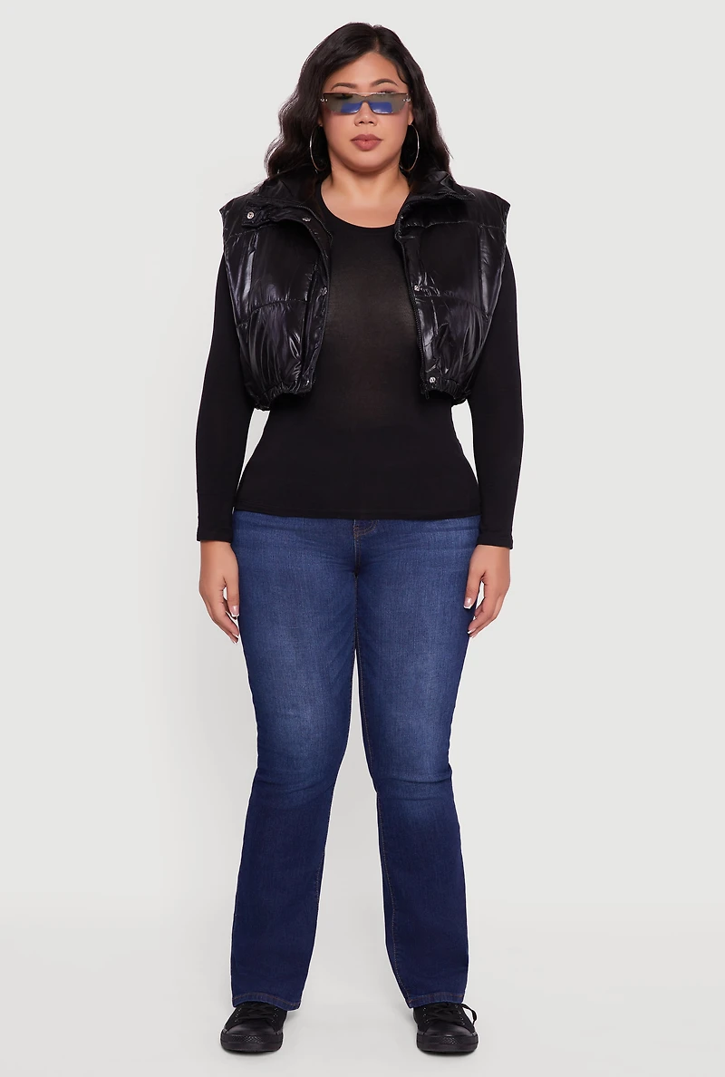 Womens Plus Metallic Cropped Puffer Vest,