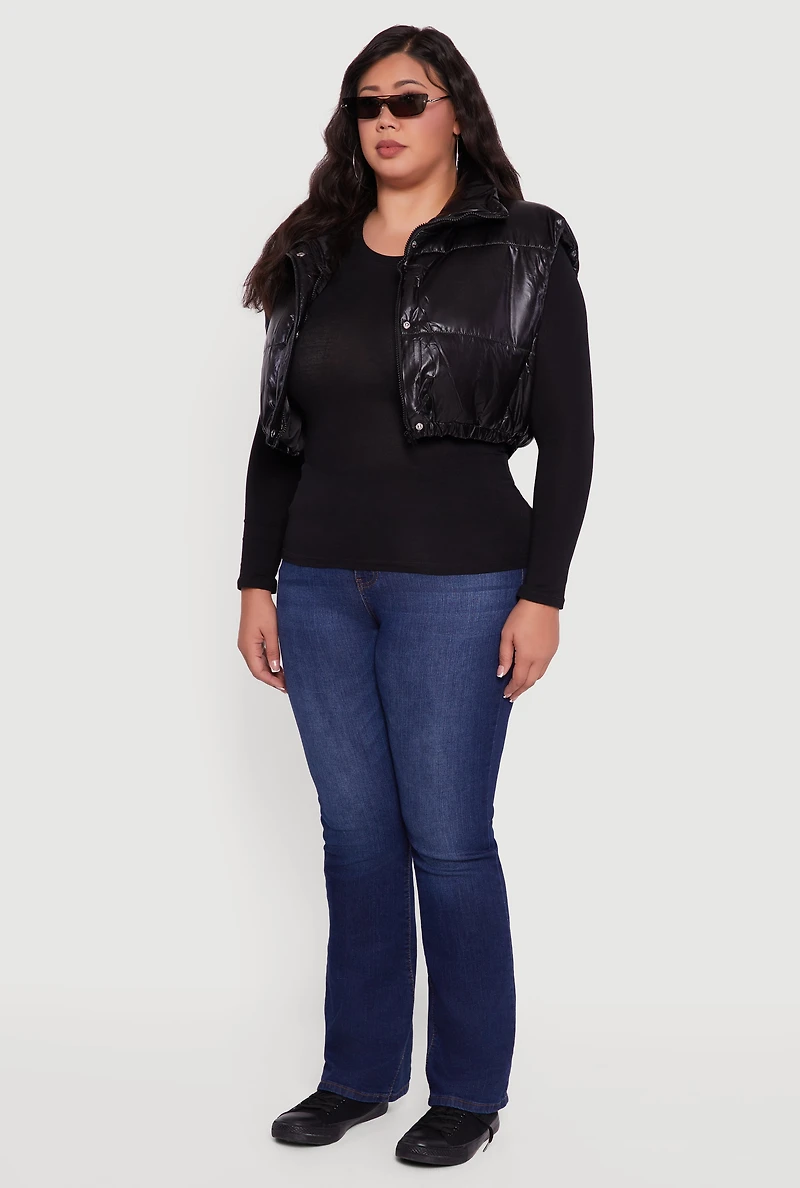 Womens Plus Metallic Cropped Puffer Vest,