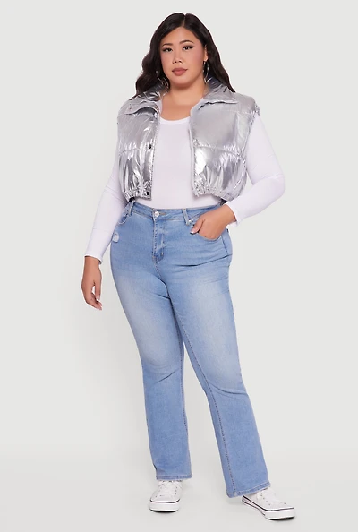Womens Plus Metallic Cropped Puffer Vest,