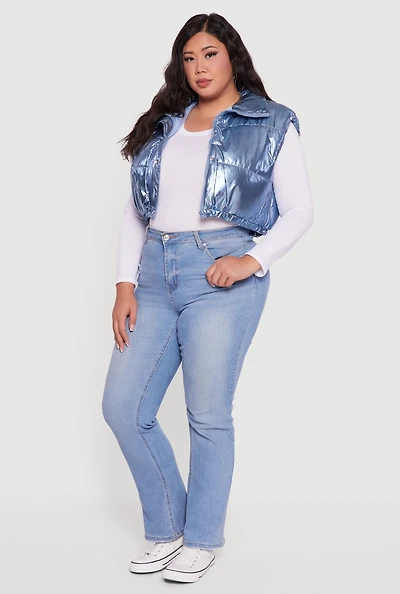 Womens Plus Size Metallic Cropped Puffer Vest, Blue, Size 3X