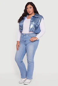 Womens Plus Size Metallic Cropped Puffer Vest, Blue, Size 3X