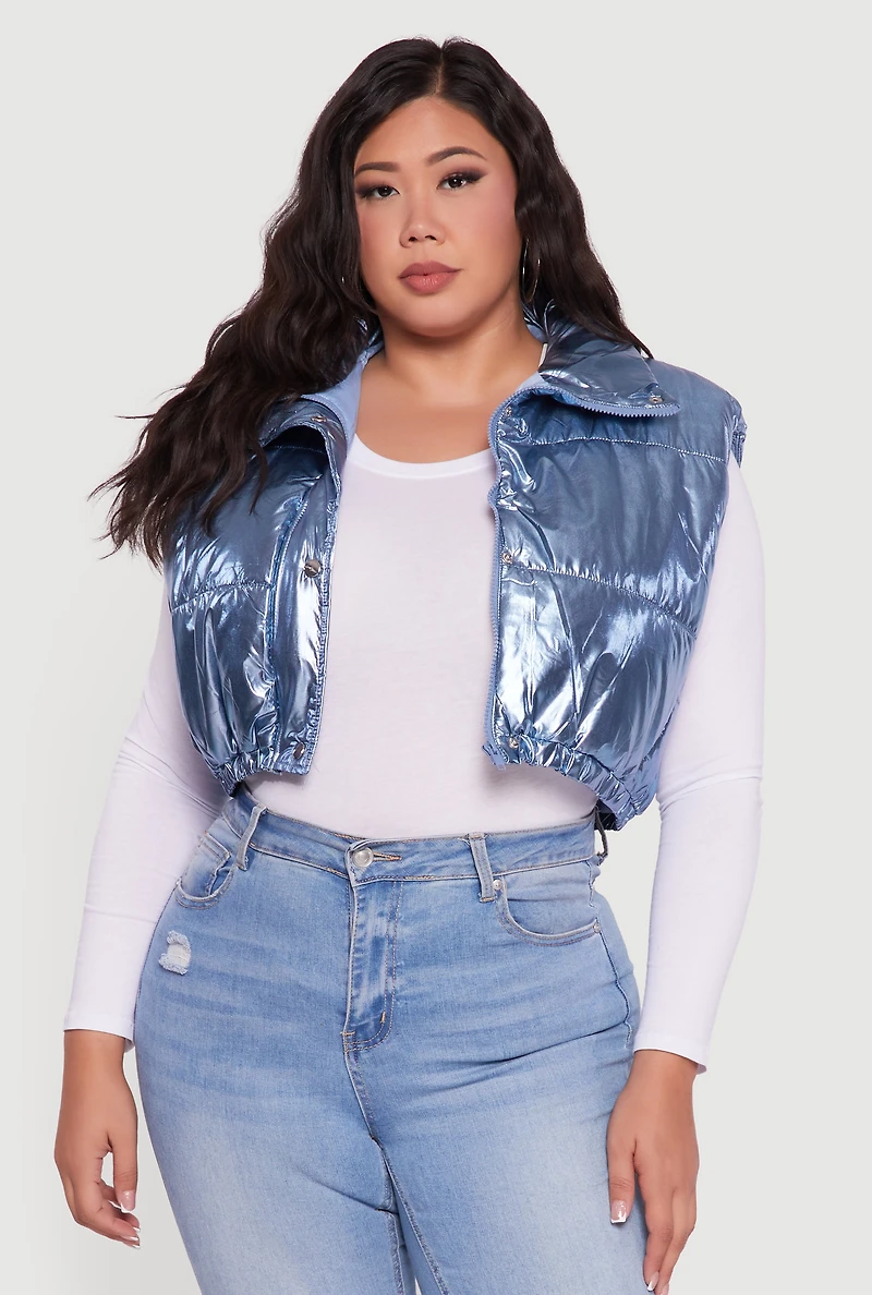 Womens Plus Size Metallic Cropped Puffer Vest, Blue, Size 3X