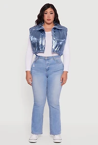 Womens Plus Size Metallic Cropped Puffer Vest, Blue, Size 3X