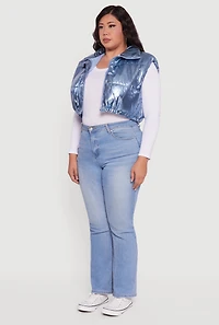 Womens Plus Size Metallic Cropped Puffer Vest, Blue, Size 3X