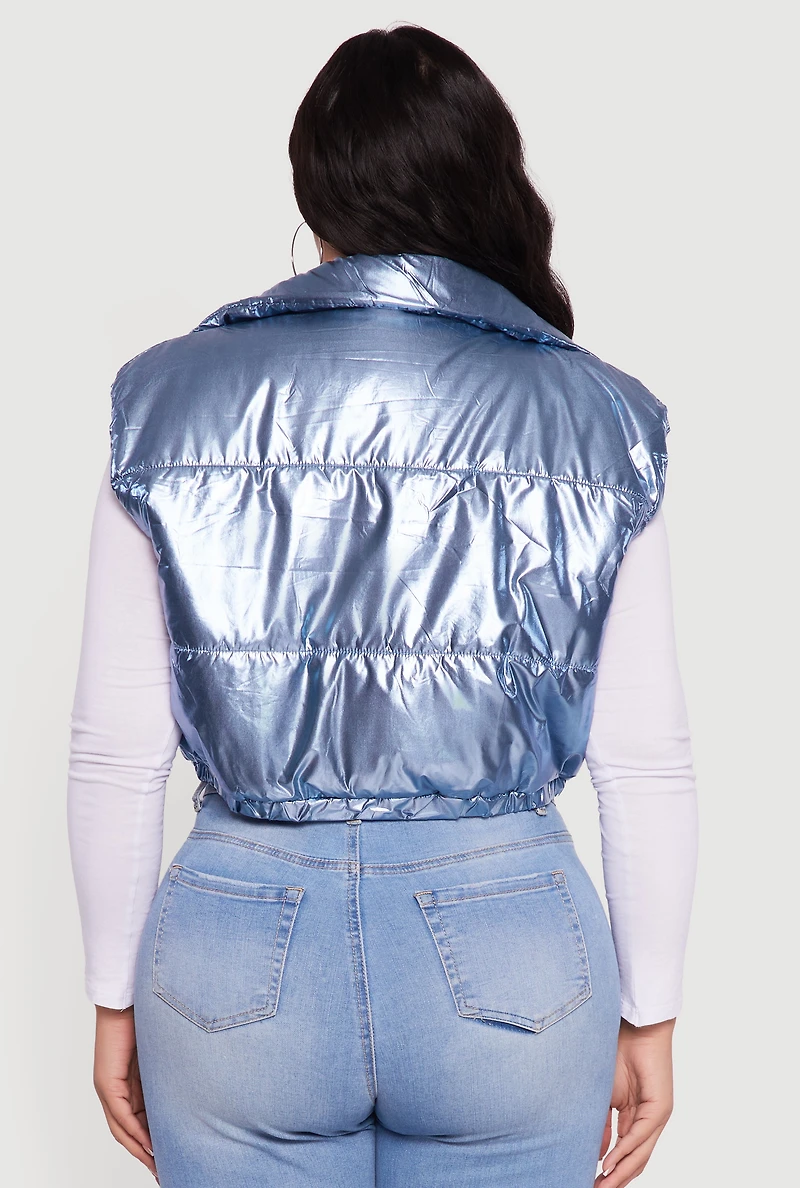 Womens Plus Size Metallic Cropped Puffer Vest, Blue, Size 3X