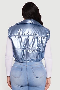 Womens Plus Size Metallic Cropped Puffer Vest, Blue, Size 3X