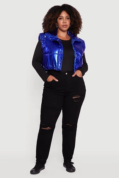 Womens Plus Metallic Cropped Puffer Vest,