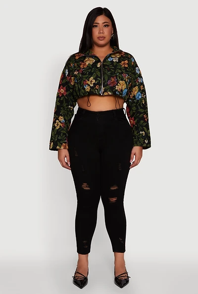 Womens Plus Daisy Patterned Jacquard Cropped Jacket, Multi,
