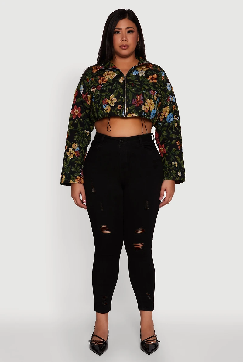 Womens Plus Size Daisy Patterned Jacquard Cropped Jacket, Multi, Size 2X
