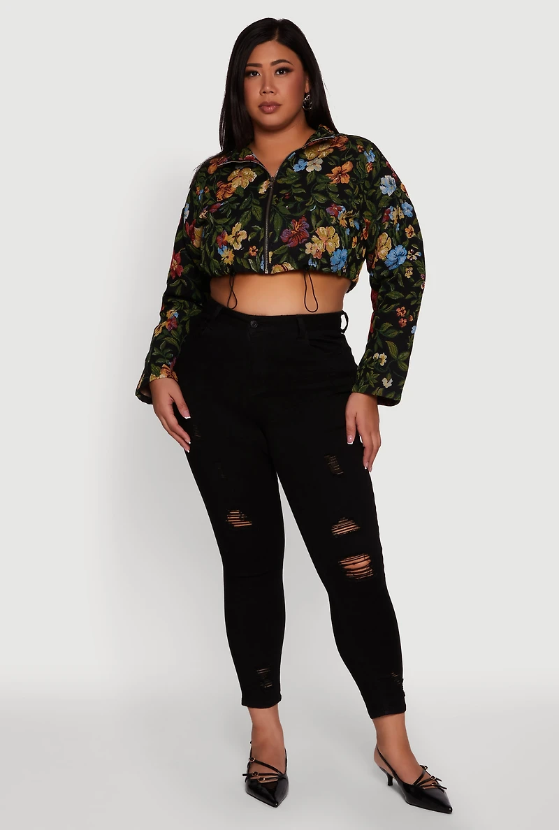 Womens Plus Daisy Patterned Jacquard Cropped Jacket, Multi,