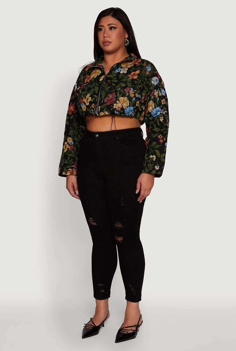 Plus Daisy Patterned Jacquard Cropped Jacket