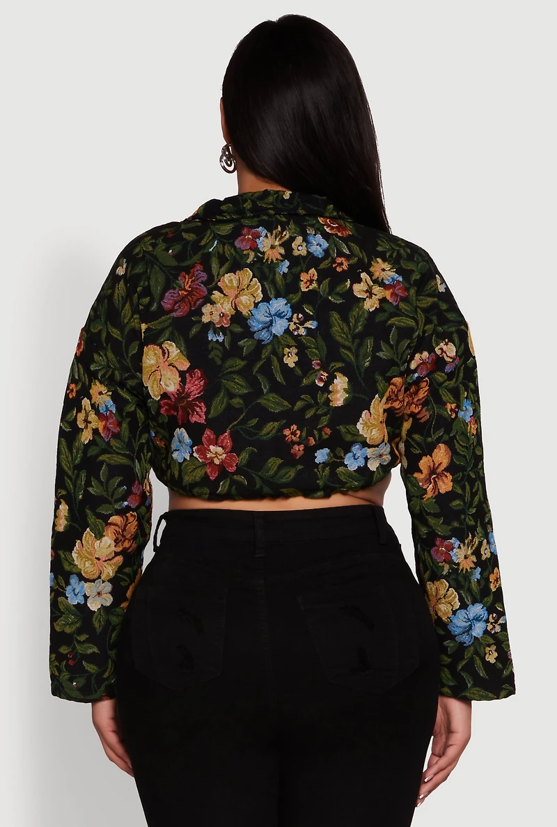 Womens Plus Daisy Patterned Jacquard Cropped Jacket, Multi,