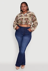 Plus Daisy Patterned Jacquard Cropped Jacket