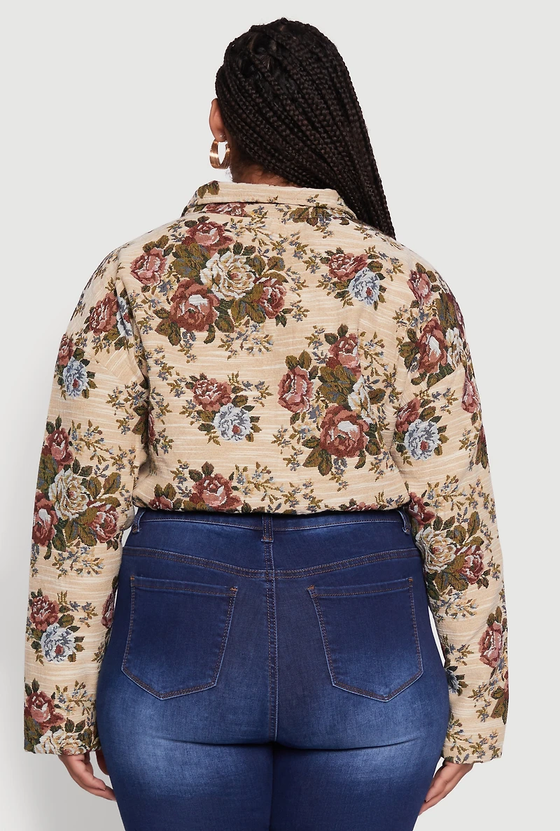 Womens Plus Daisy Patterned Jacquard Cropped Jacket, Multi,