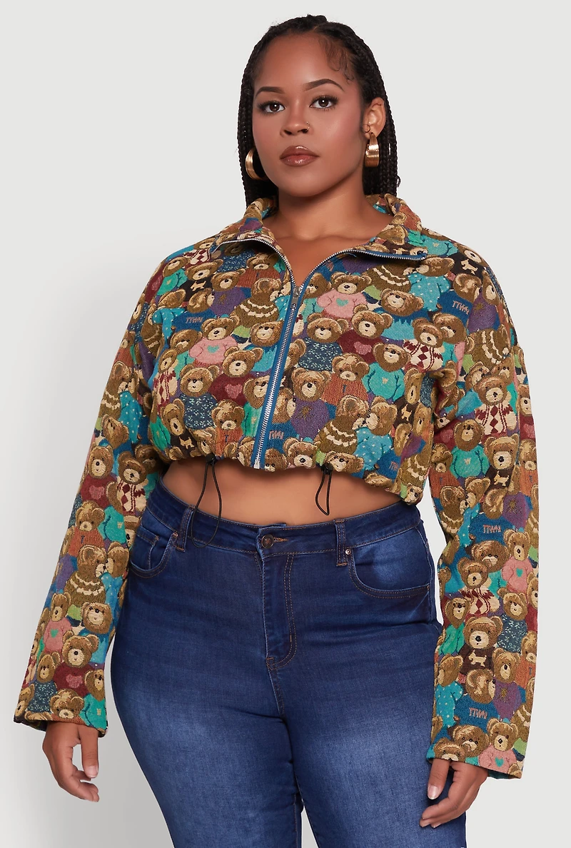 Womens Plus Size Daisy Patterned Jacquard Cropped Jacket, Multi, Size 1X