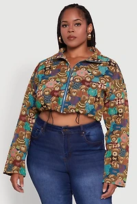 Womens Plus Size Daisy Patterned Jacquard Cropped Jacket, Multi, Size 1X