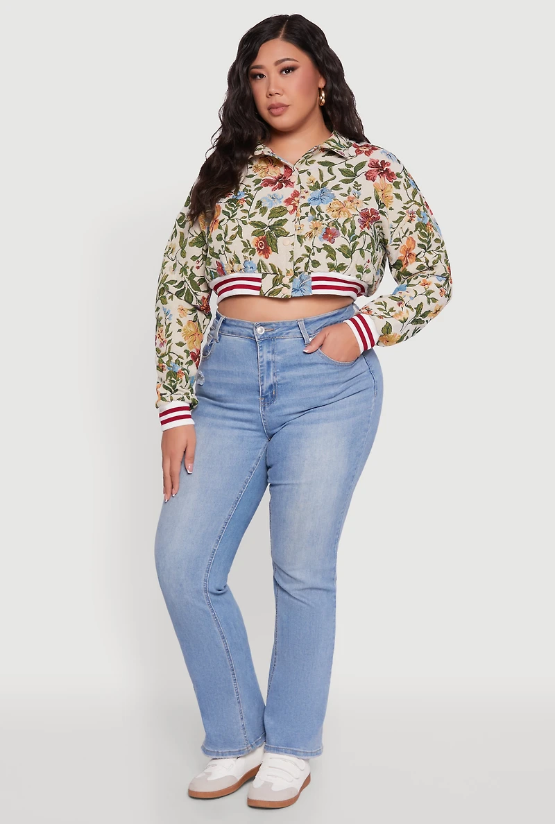 Womens Plus Size Floral Print Cropped Varsity Stripe Jacket, Multi, Size 2X