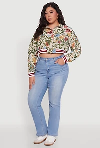 Plus Floral Print Cropped Varsity Stripe Jacket