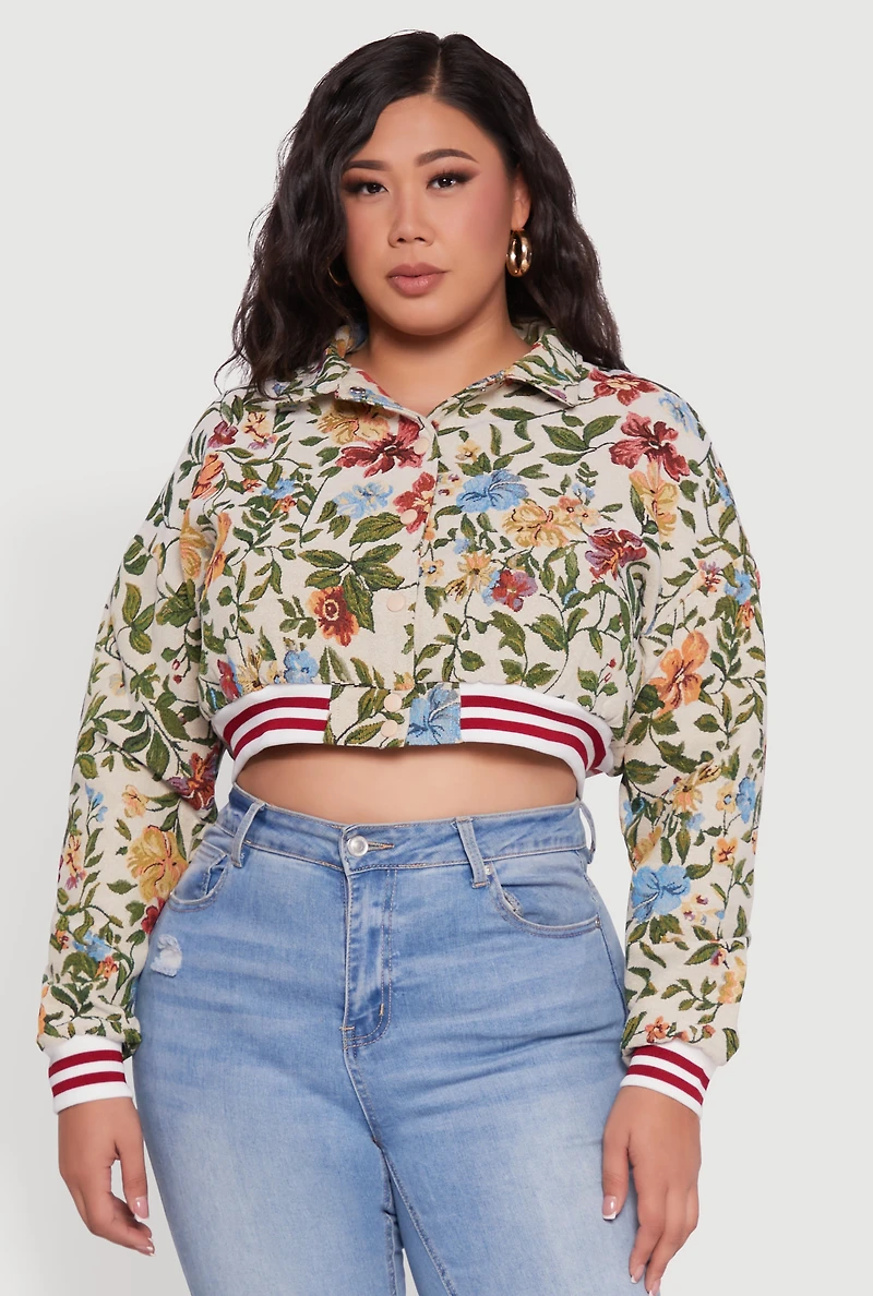 Plus Floral Print Cropped Varsity Stripe Jacket