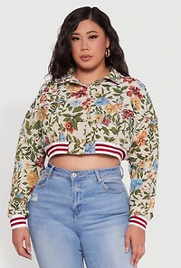 Plus Floral Print Cropped Varsity Stripe Jacket