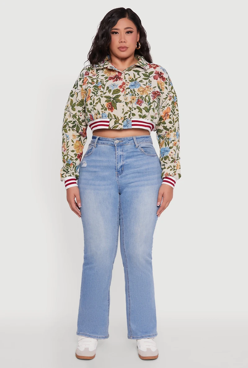 Womens Plus Size Floral Print Cropped Varsity Stripe Jacket, Multi, Size 2X