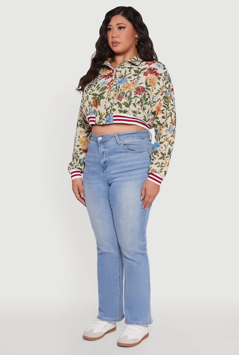 Womens Plus Size Floral Print Cropped Varsity Stripe Jacket, Multi, Size 2X